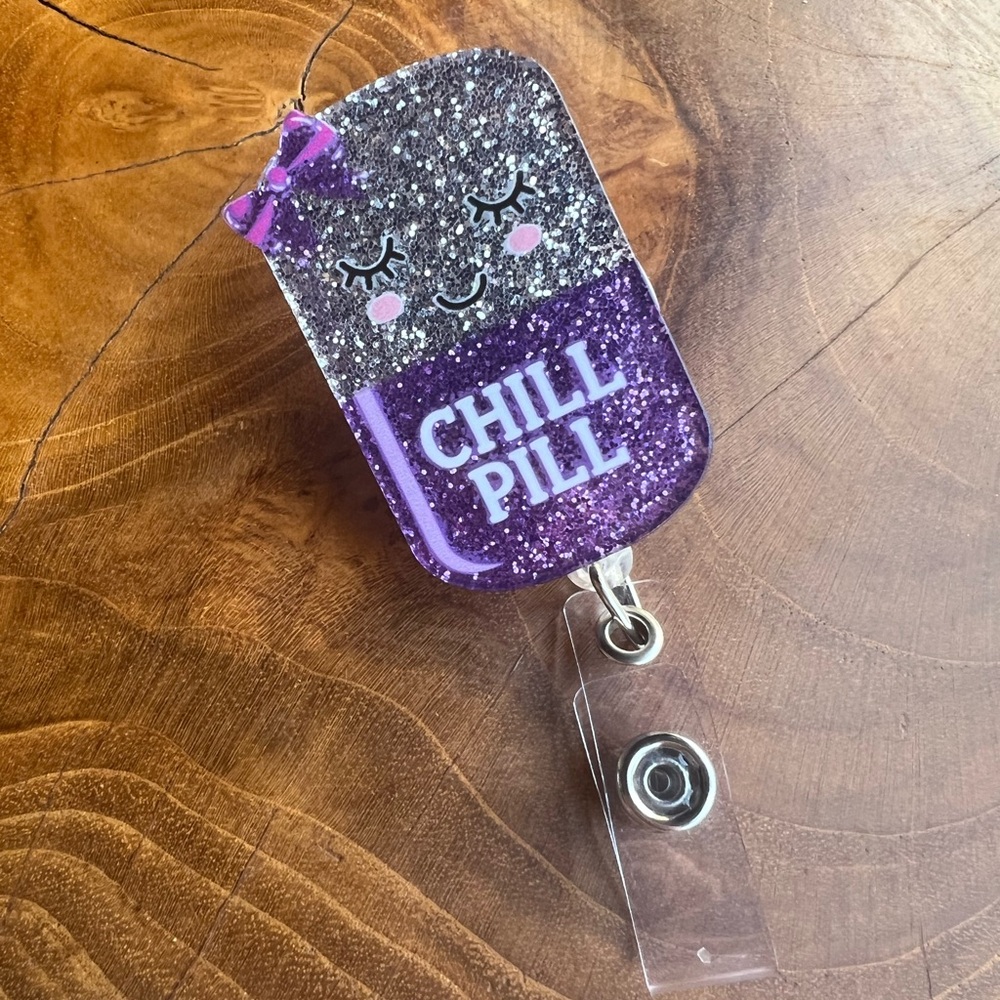 Purple Glitter Chill Pill Badge Reel